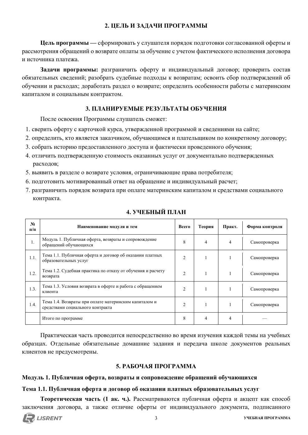Результаты и учебный план программы «Оферта, возвраты и работа с клиентами»