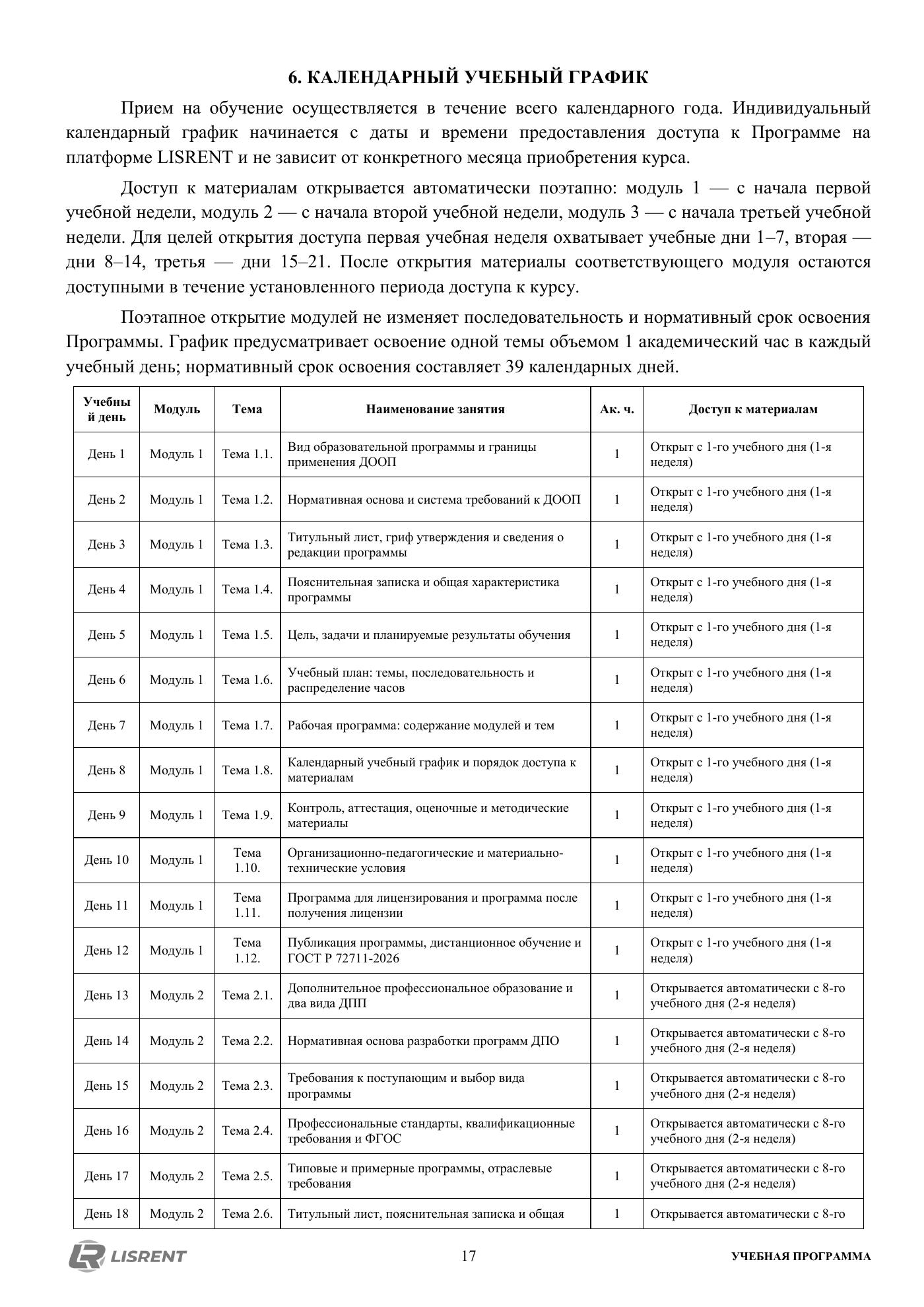 Календарный график комплексного курса