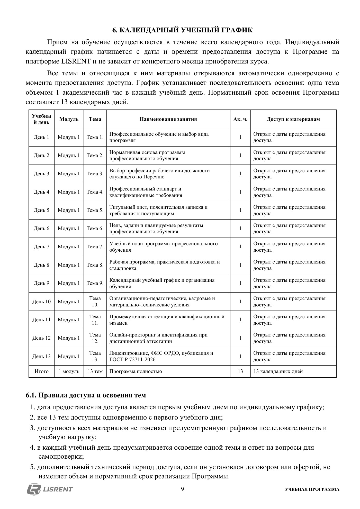 Календарный график курса по профессиональному обучению