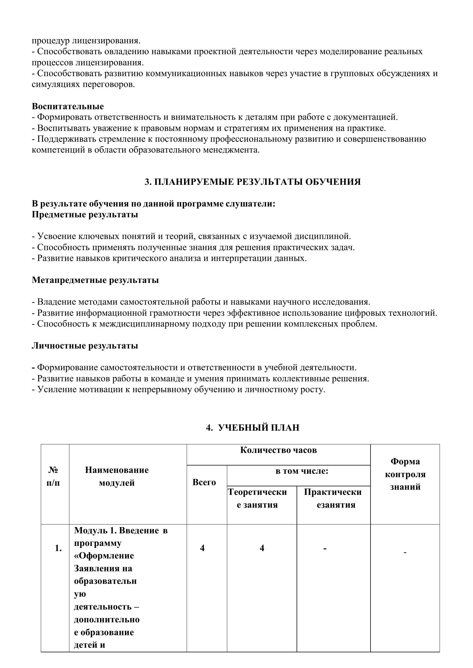 Раздел учебной программы LISRENT с результатами обучения и учебным планом